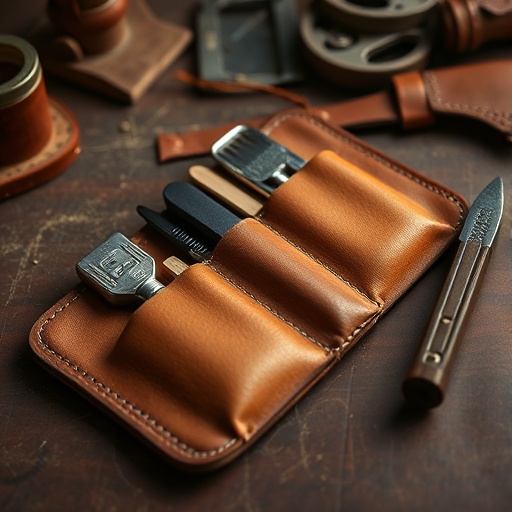 Leather tool roll on a craft table